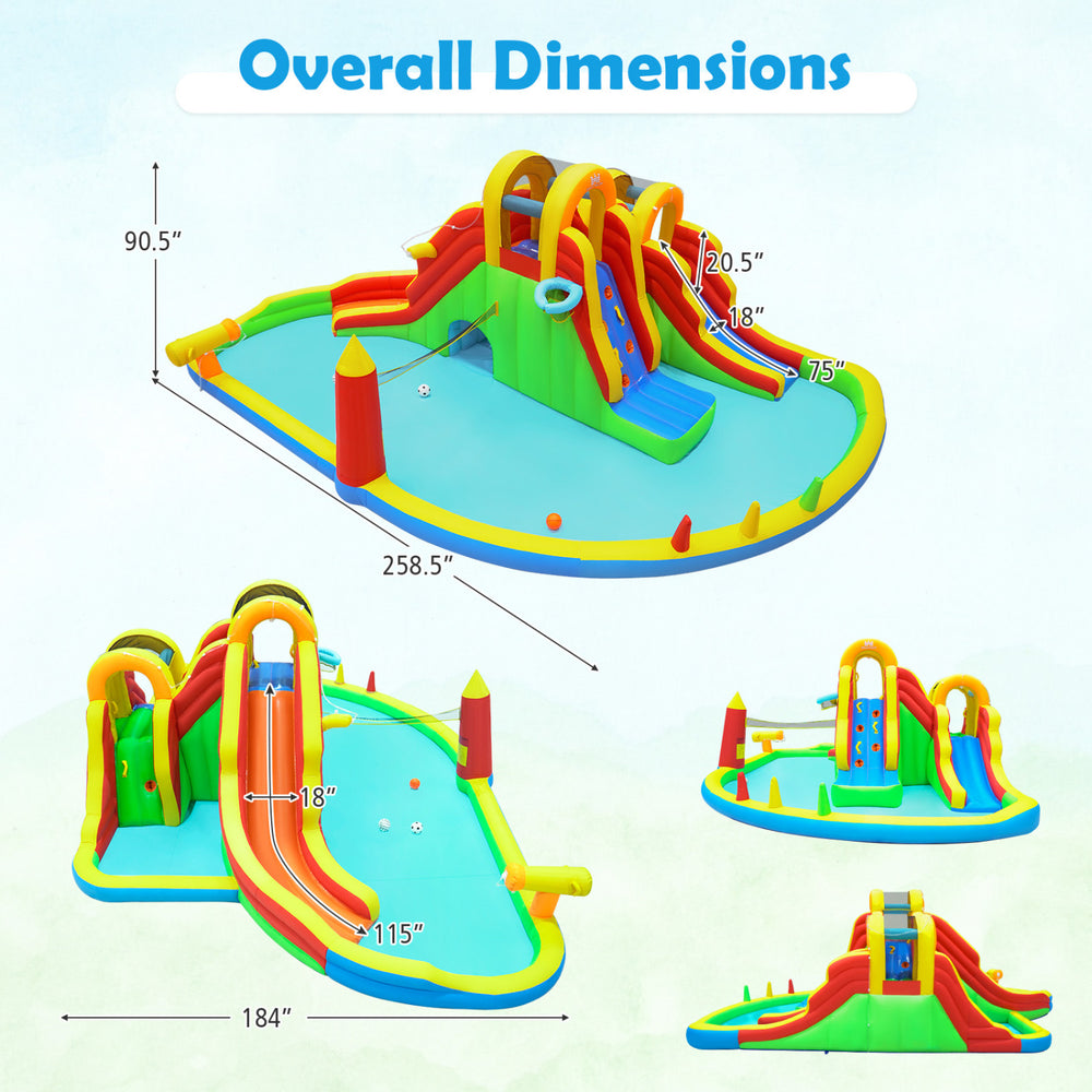 8-in-1 giant bounce house with two long slides and climbing walls, featuring a large splash pool for yard parties.