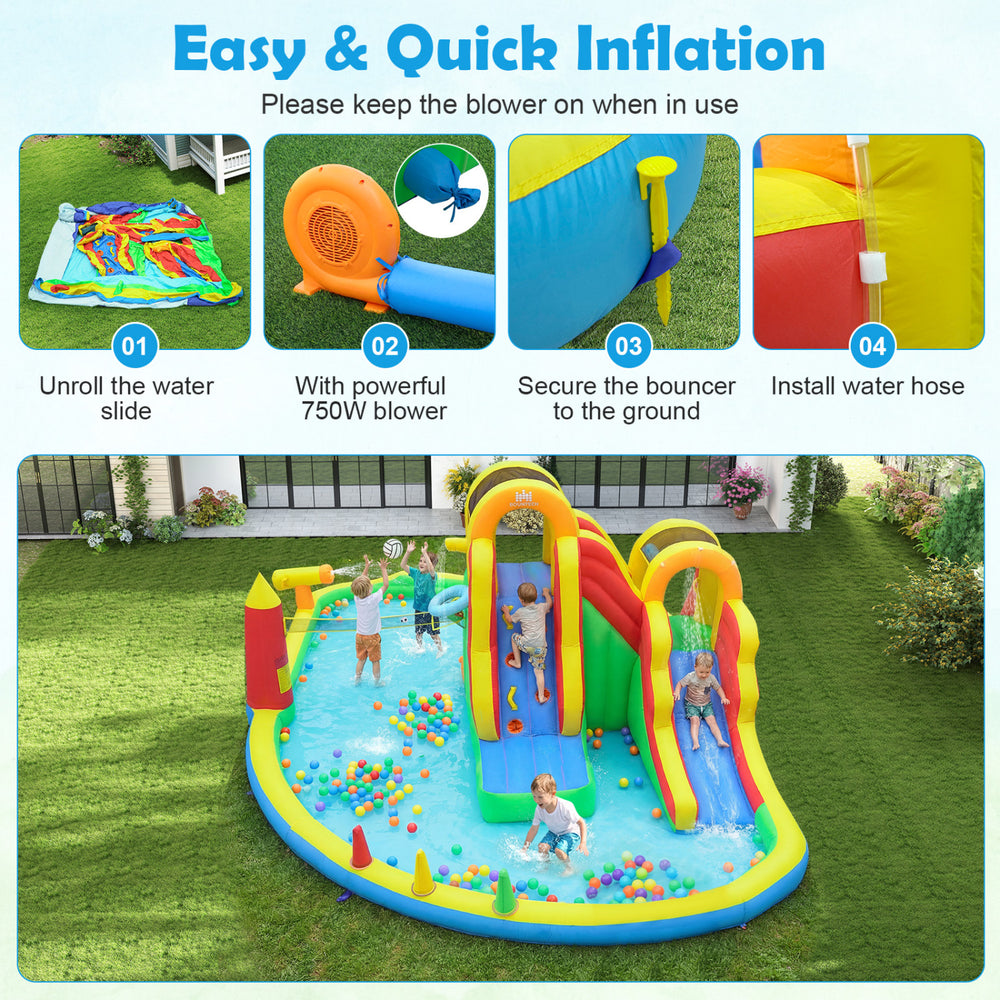 Giant bounce house with 2 long slides, splash pool, and 750W blower for yard parties and family gatherings.