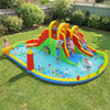 Giant bounce house with two long slides, splash pool, and games for kids' outdoor fun at yard parties.