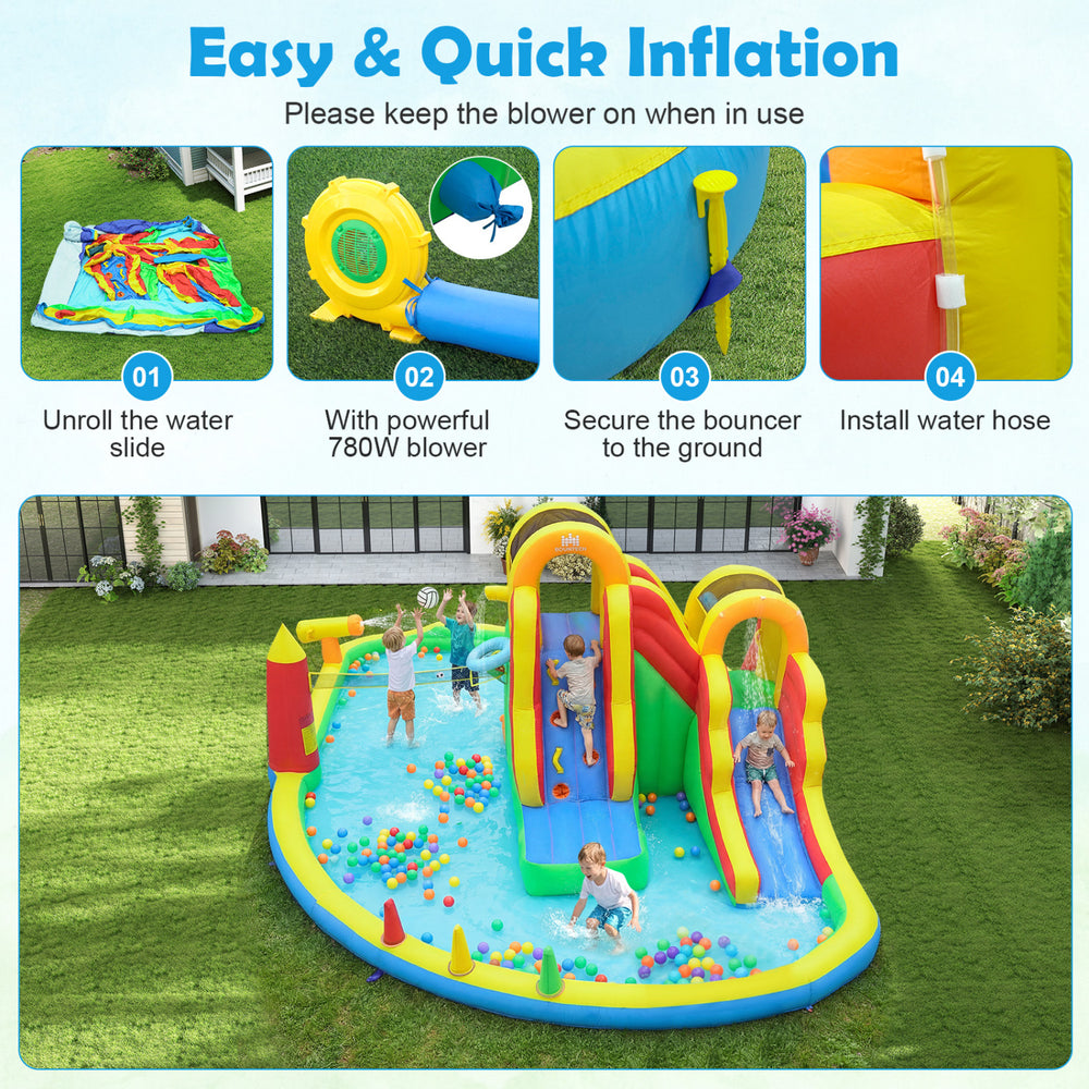 8-in-1 giant bounce house with 2 long slides, splash pool, and 780W blower for yard parties and family fun.
