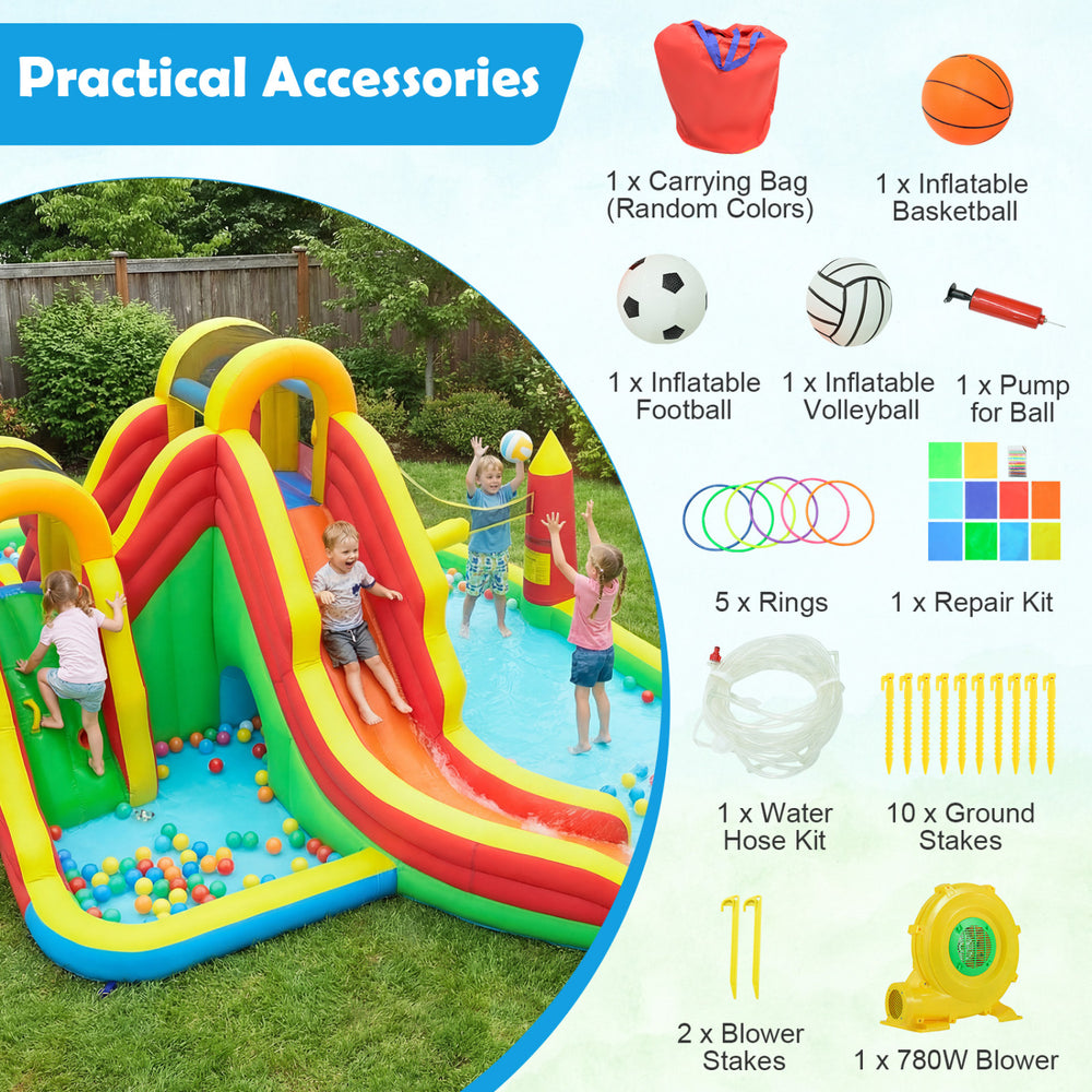 Giant bounce house with two long slides, splash pool, and practical accessories for yard parties and family fun.