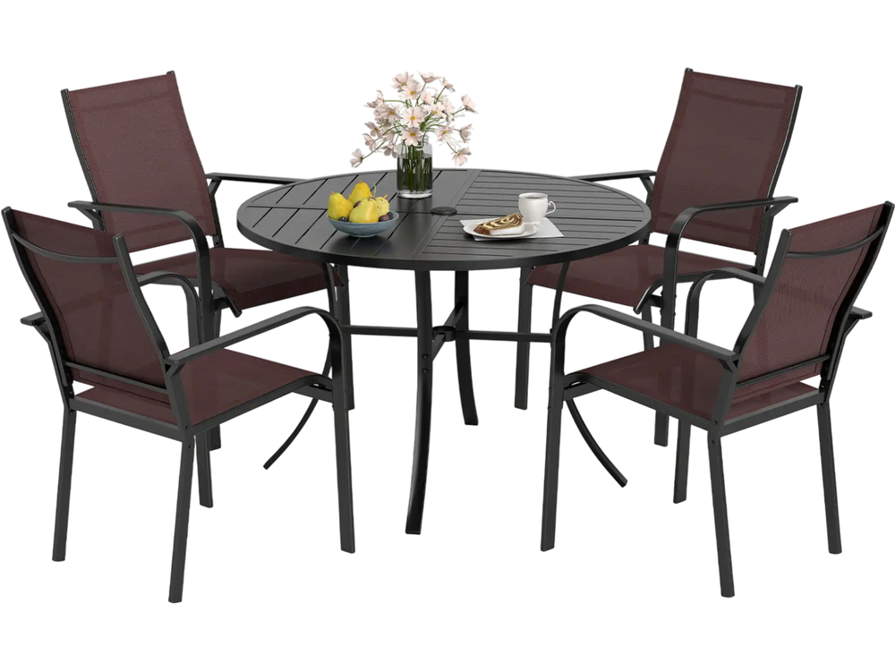 Stackable chair from the 5-piece patio dining set, featuring breathable mesh fabric and angled backrest for comfort.