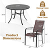Round 42.5-inch outdoor dining table with four stackable chairs, featuring metal construction and mesh fabric for patio.