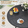 Round 42.5-inch black metal table with fruit and drinks, designed for outdoor dining and gatherings for four.