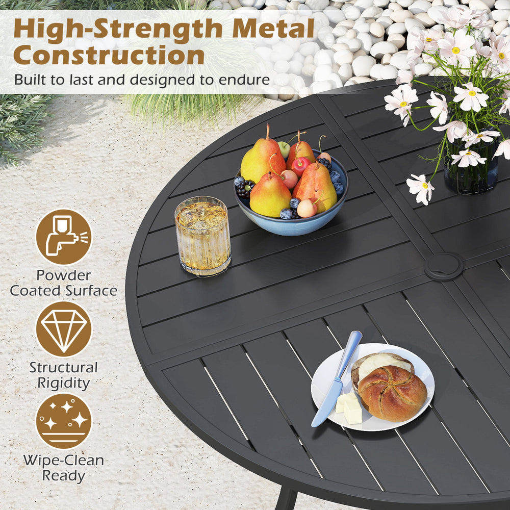 Round 42.5-inch black metal table with fruit and drinks, designed for outdoor dining and gatherings for four.