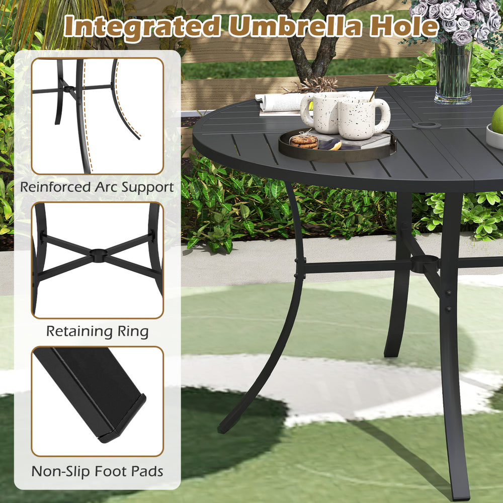 Round 42.5-inch outdoor metal dining table with integrated umbrella hole, ideal for patio gatherings and stability.