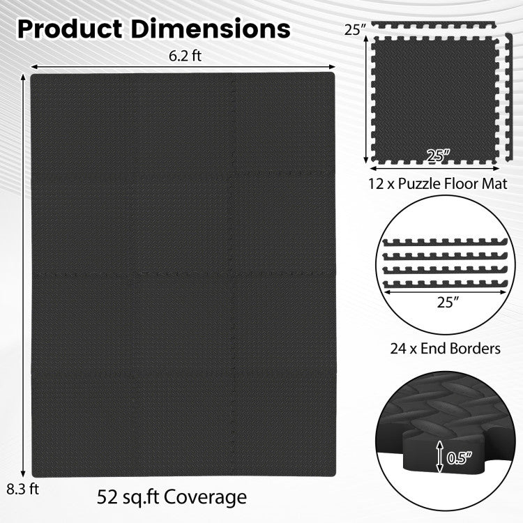 12-piece black puzzle exercise mat with 52 sq. ft. coverage, featuring anti-slip design for safe workouts.