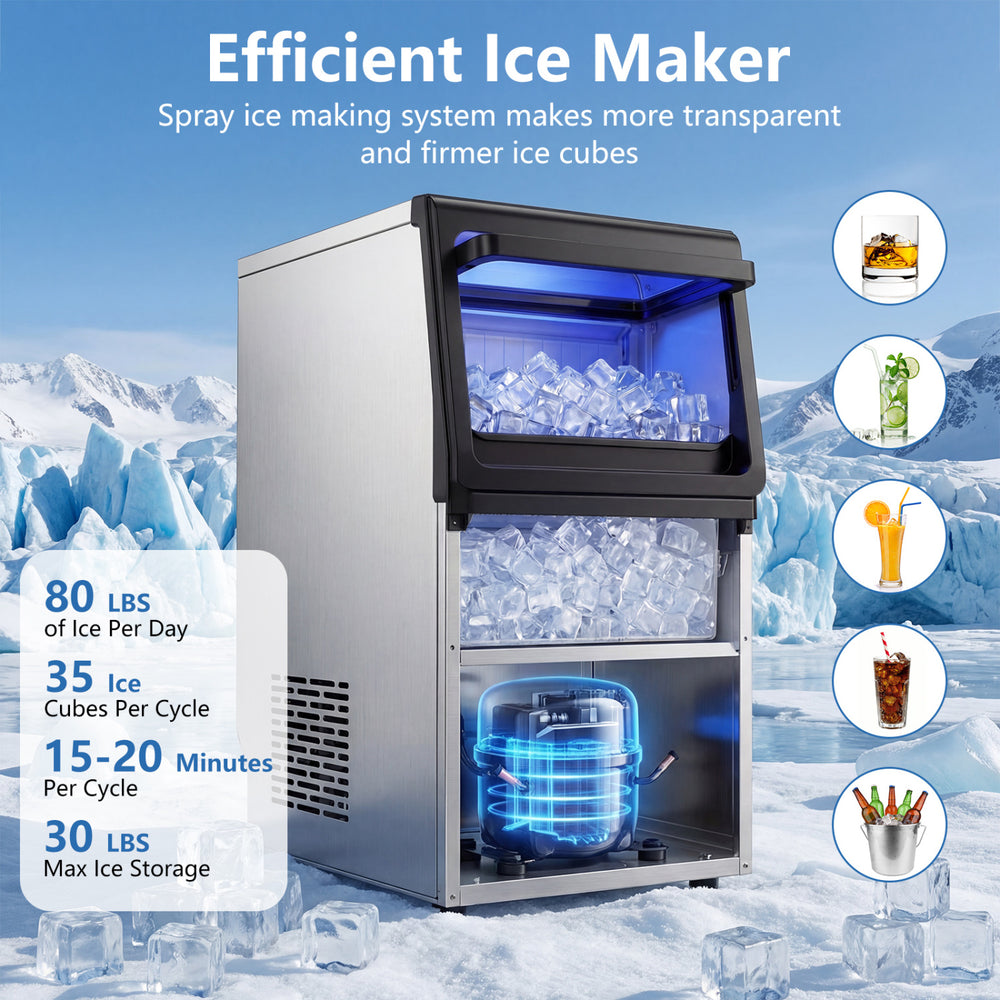 Stainless steel spray ice maker with clear ice cubes, producing 80 lbs per day, ideal for quick drink cooling.