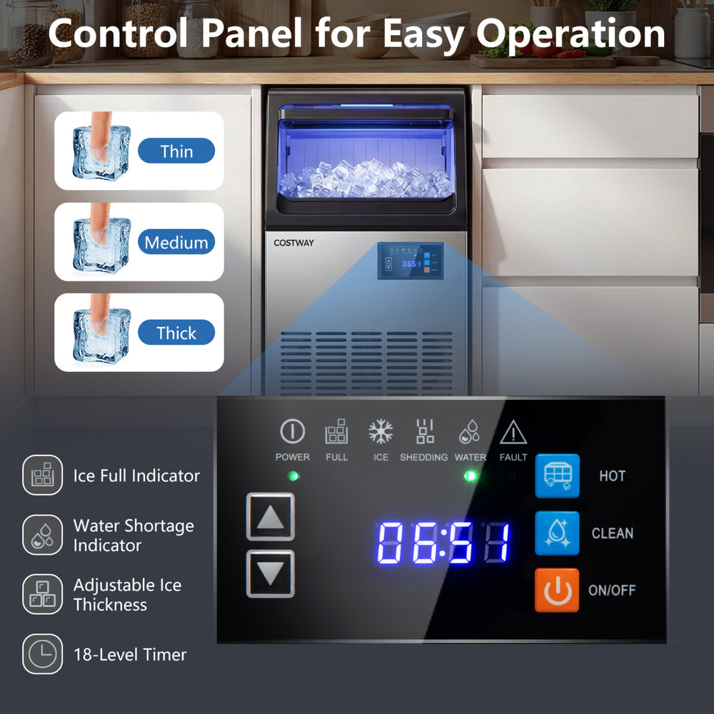 Control panel of the stainless steel spray ice maker with adjustable thickness and 18-level timer for easy operation.