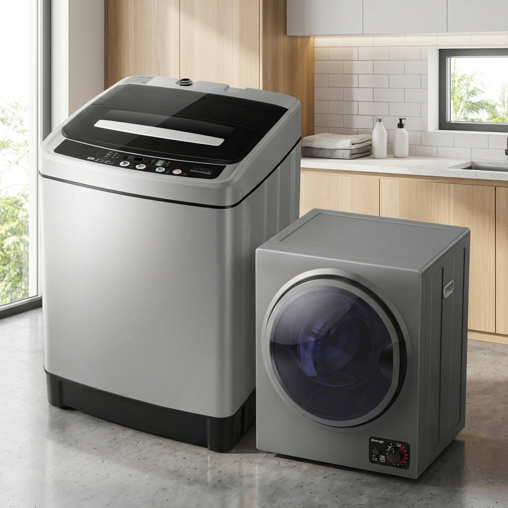 Compact washer and dryer combo in silver, featuring 1.5 cu.ft capacity, ideal for small spaces and efficient laundry.
