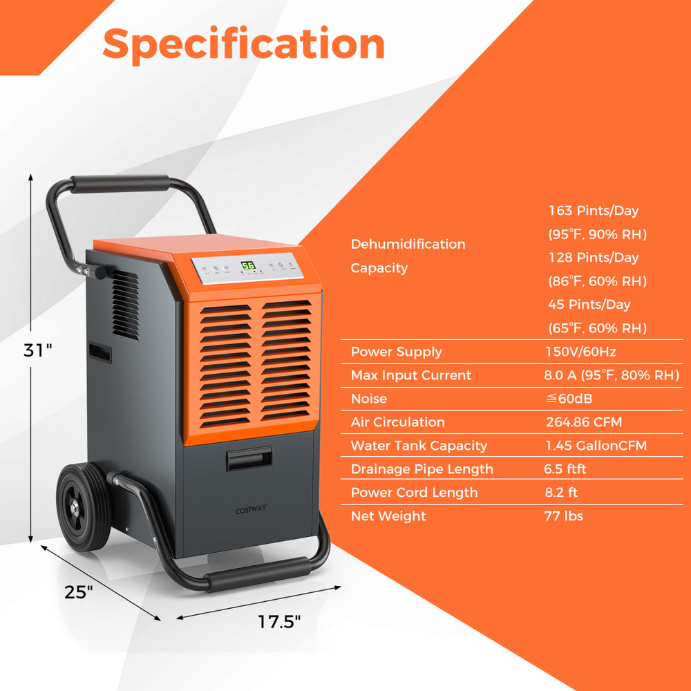 Industrial dehumidifier with 163 pints/day capacity for garages and workshops, enhancing air quality and preventing.