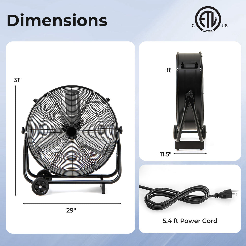 Industrial drum fan dimensions showing front and side views, designed for climate control in large spaces.