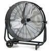 Industrial drum fan with a black metal frame, designed for ventilating large spaces and improving air quality.