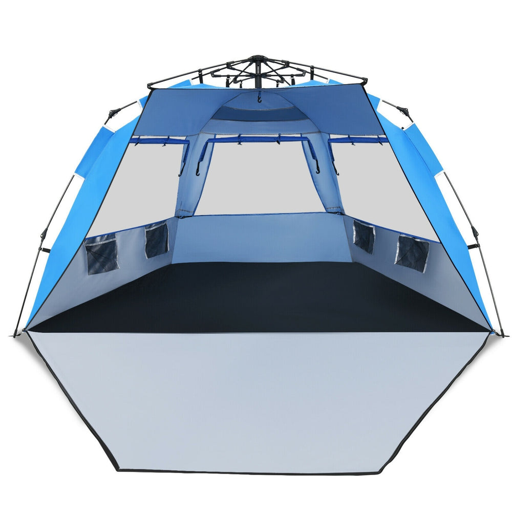 Spacious 3-in-1 family beach tent with UPF 50+ sun protection and water-resistant coating, ideal for outdoor travel.