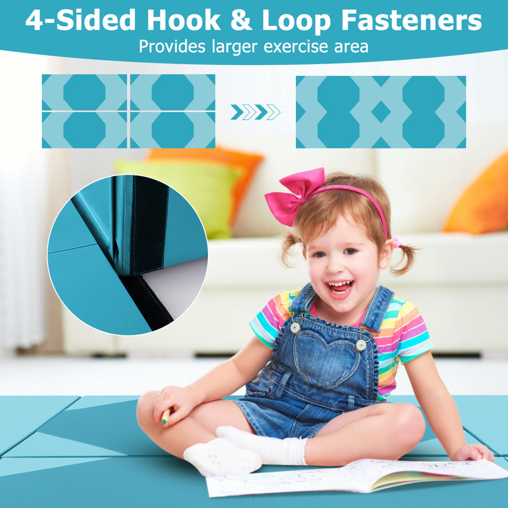 Heavy-duty folding exercise mat with four-sided hook and loop fasteners, ideal for gymnastics and safe play for kids.