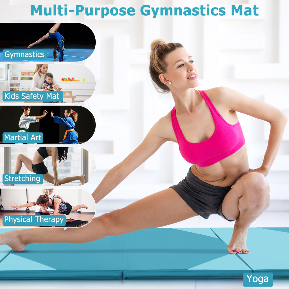 Heavy-duty folding exercise mat in blue, ideal for gymnastics, stretching, and martial arts with durable PU leather.