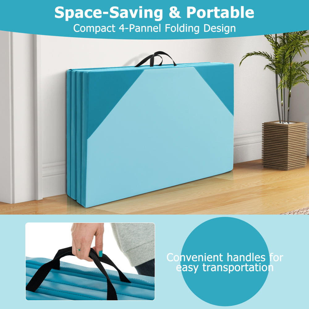 Compact four-panel folding exercise mat in blue with carrying handles, ideal for gymnastics and home workouts.