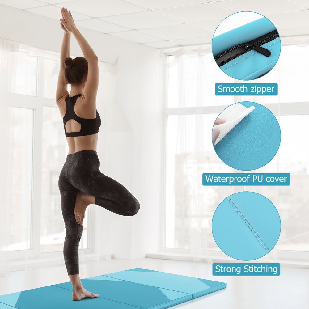 Heavy-duty folding exercise mat with waterproof PU cover, smooth zipper, and strong stitching for gym use and storage.