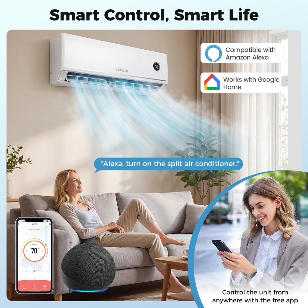 Smart Mini Split AC/Heater with 12000 BTU, WiFi enabled, Alexa compatible, showcasing 4D airflow control for year-round.