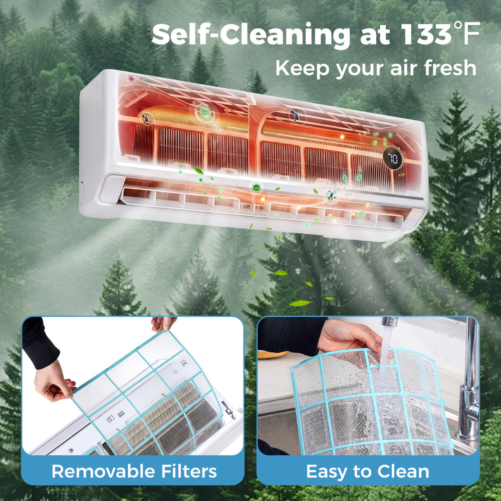 Smart mini split AC/heater with self-cleaning feature at 133°F, removable filters, and WiFi control for year-round.