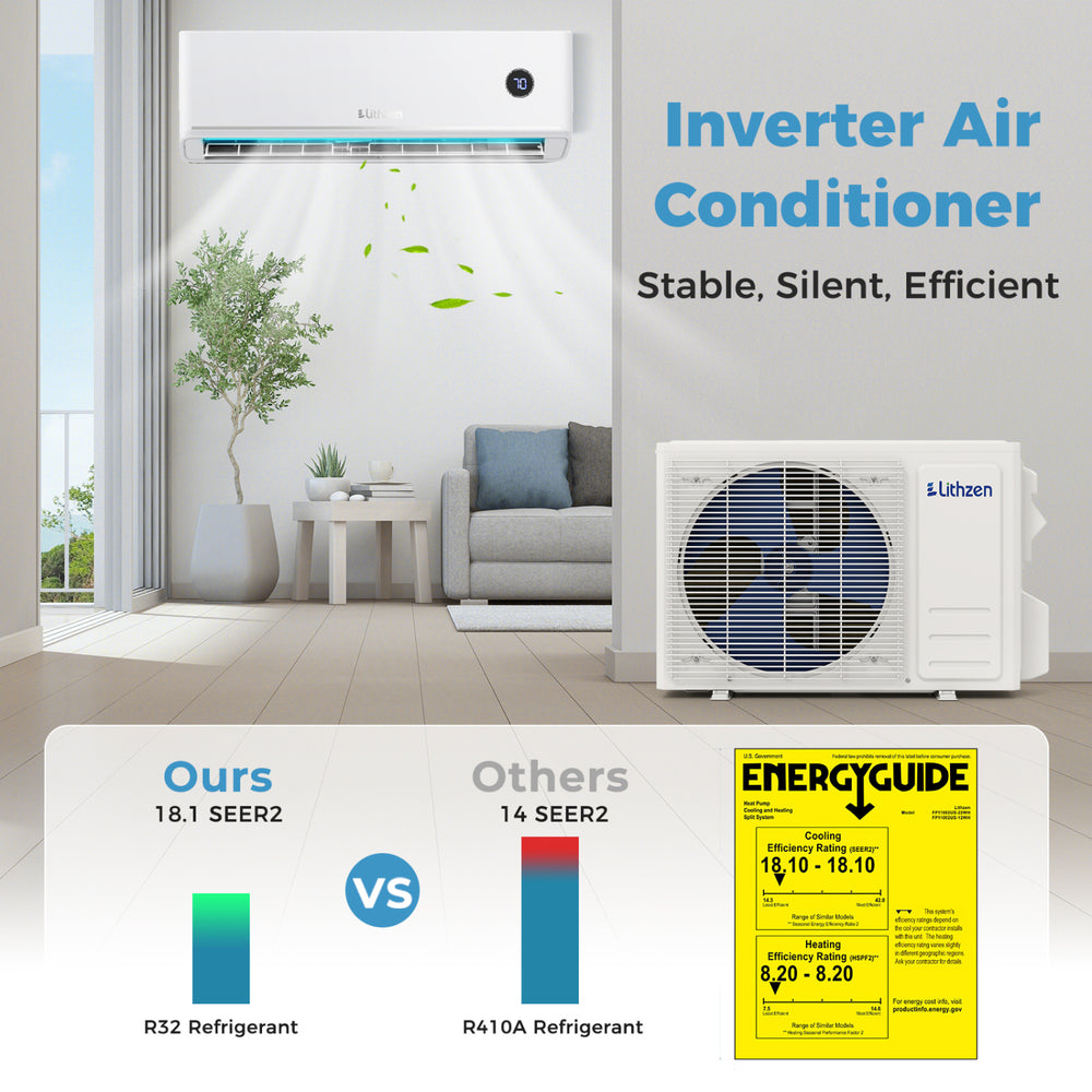 Mini split air conditioner with R32 refrigerant, 12000 BTU, WiFi control, designed for efficient cooling and heating.