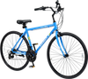 Blue 700C hybrid bike with aluminum frame, 18-speed Shimano drivetrain, and phone holder for urban riding.