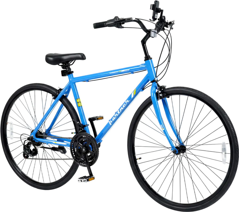 Blue 700C hybrid bike with aluminum frame, 18-speed Shimano drivetrain, and phone holder for urban riding.