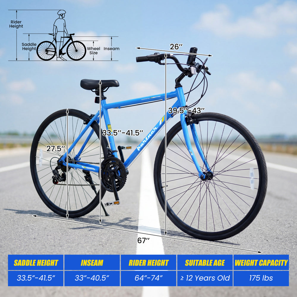 Blue 700C hybrid bike with adjustable saddle, Shimano 18-speed drivetrain, and phone holder for urban rides.