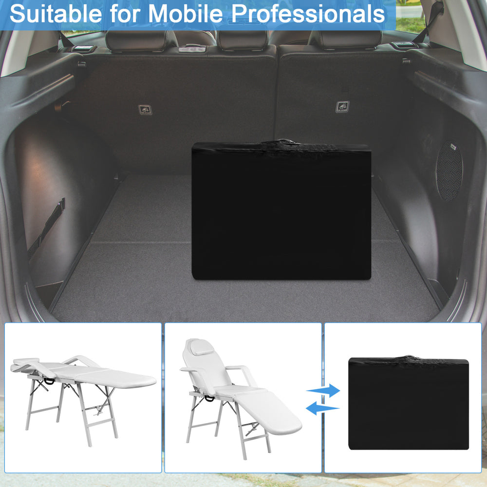 Adjustable massage table with backrest and footrest, portable design, waterproof PVC leather, ideal for mobile.