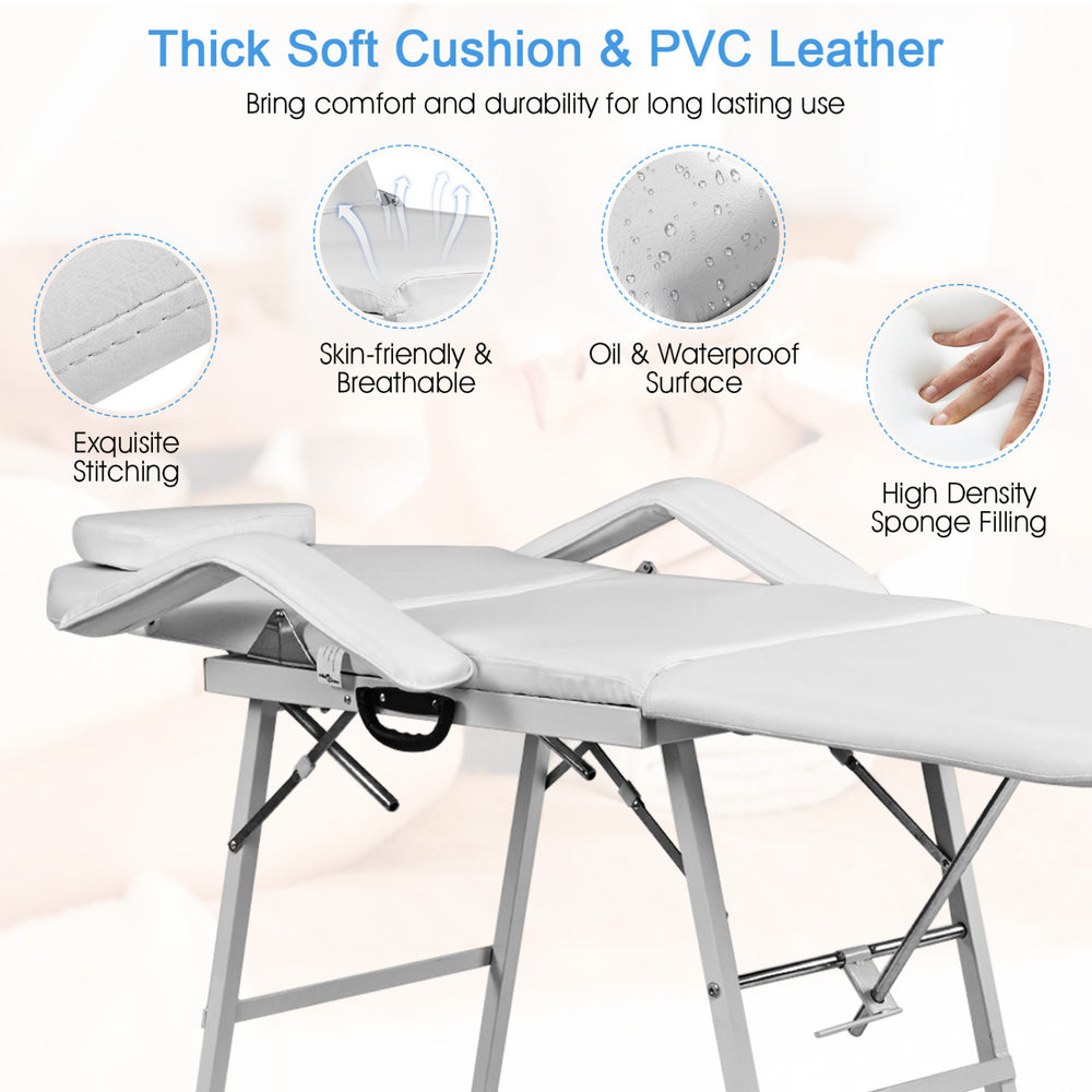 Adjustable massage table with thick soft cushion and waterproof PVC leather, ideal for mobile therapists and salons.