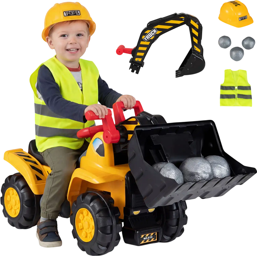 3-in-1 Ride on Excavator Bulldozer Detachable with Engine Sound and Helmet