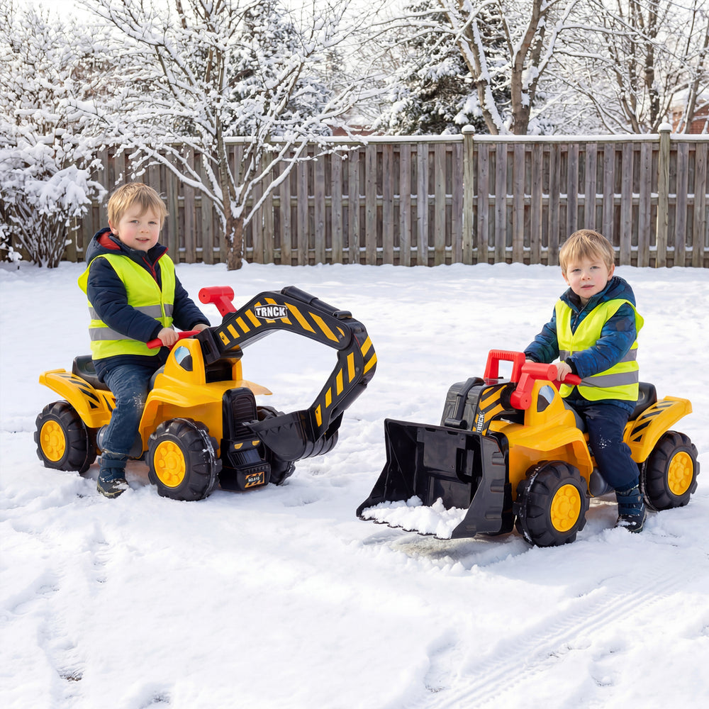 Two children riding on a 3-in-1 excavator and bulldozer in the snow, wearing safety vests and helmets.