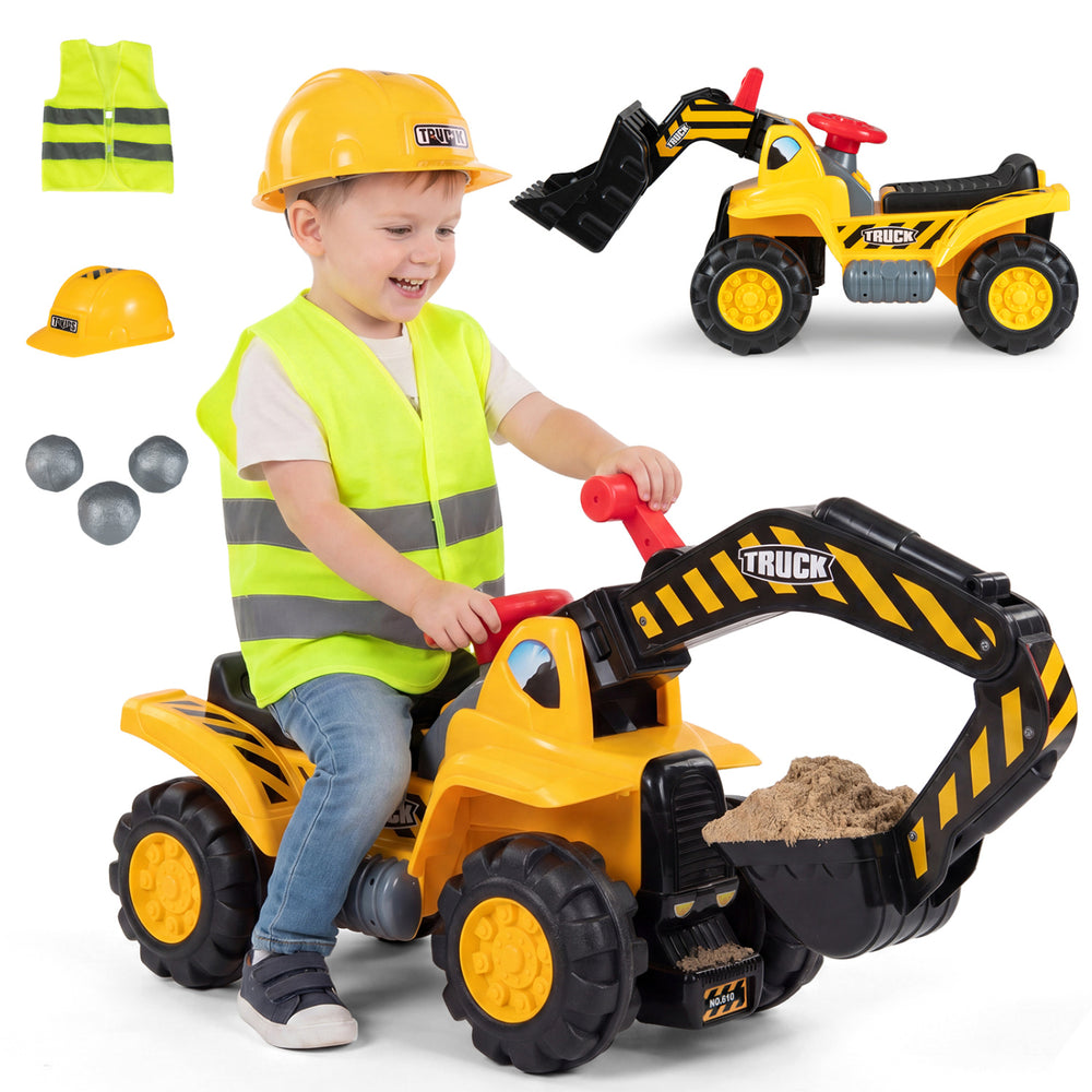 Child riding a 3-in-1 ride-on excavator with sound, wearing a helmet and safety vest, perfect for outdoor adventures.
