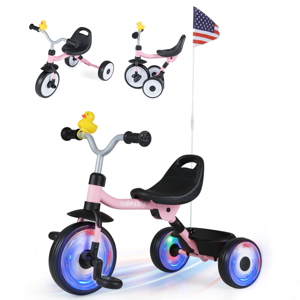 Toddler tricycle with glowing wheels, foldable design, basket, and duck bell for fun outdoor rides.