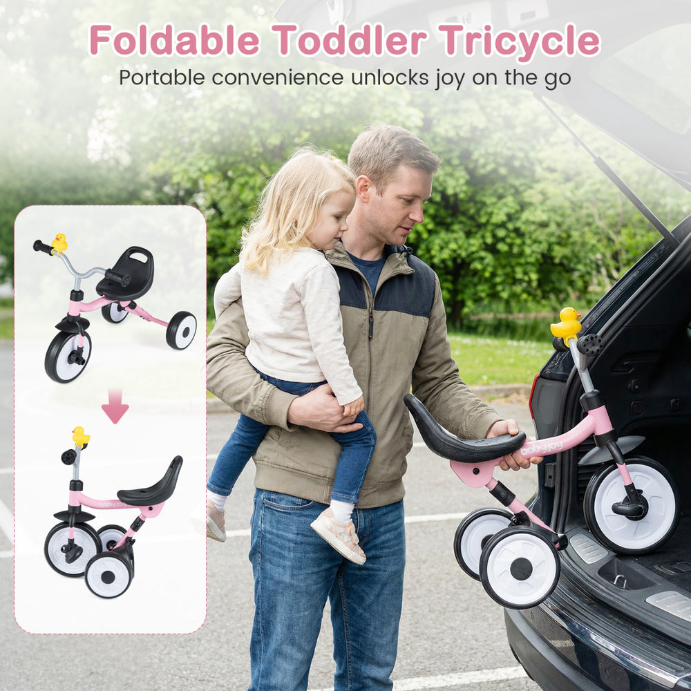 Foldable toddler tricycle in pink with glowing wheels, basket, and duck bell, perfect for on-the-go convenience.
