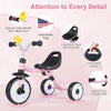Toddler tricycle with glowing wheels, ergonomic seat, detachable flag, and convenient handle for easy transport.