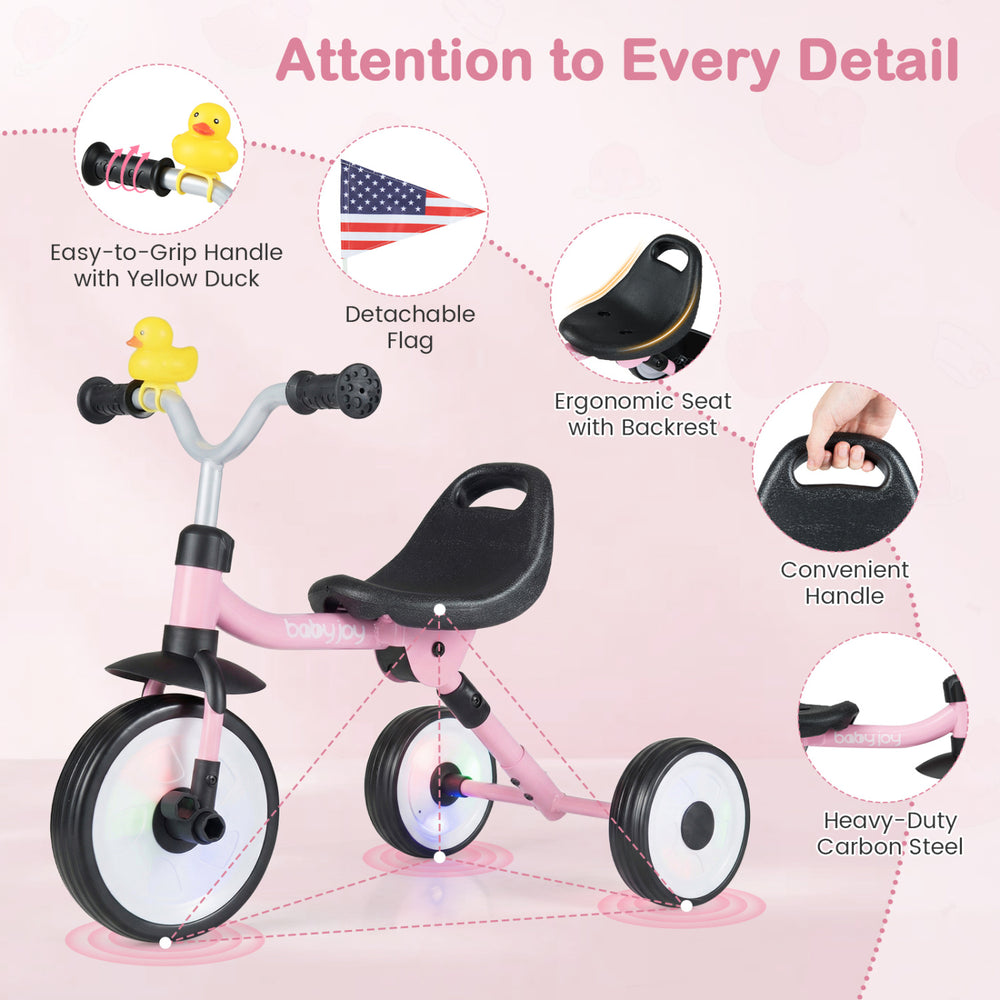 Toddler tricycle with glowing wheels, ergonomic seat, detachable flag, and convenient handle for easy transport.