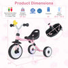 Toddler tricycle with glowing wheels, foldable design, basket, and duck bell; dimensions for kids aged 1-3 years.