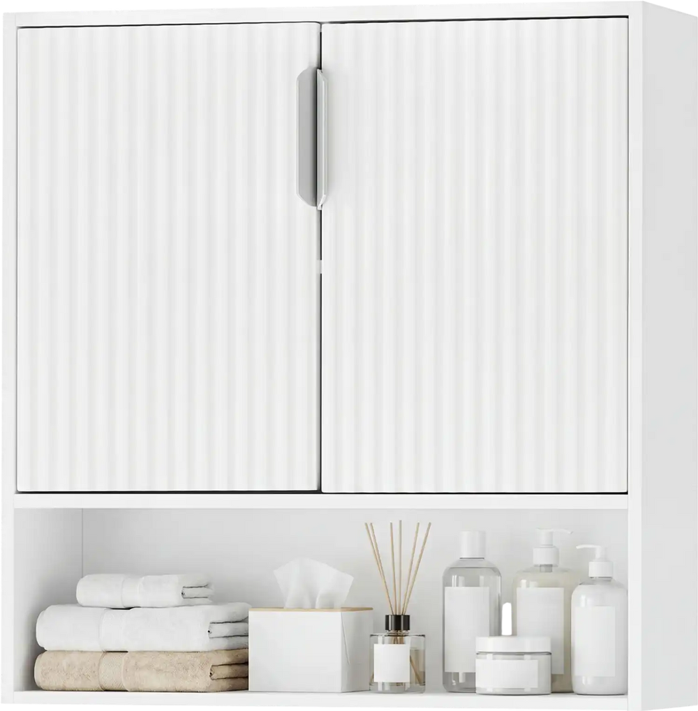 Bathroom wall cabinet in white with fluted doors, open cube, and adjustable shelf, perfect for organizing toiletries.