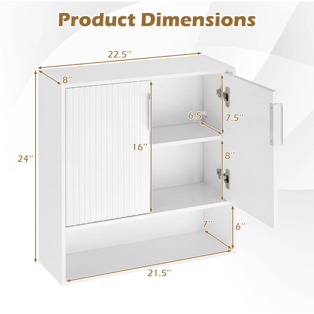 Bathroom wall cabinet dimensions showing two fluted doors, open cube, and adjustable shelf in white finish.