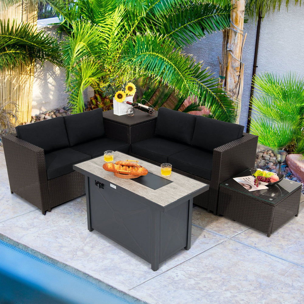 5-piece patio furniture set featuring a black finish and propane fire pit table, perfect for outdoor relaxation.