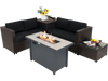 L-shaped patio sofa set with plush black cushions and a stylish propane fire pit table for cozy outdoor lounging.