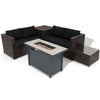 5-piece patio furniture set featuring a propane fire pit table and black cushions, perfect for outdoor gatherings.
