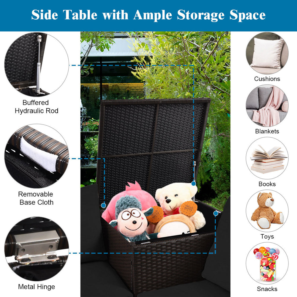 Side table with ample storage space, featuring a removable base cloth and metal hinge, ideal for outdoor use.