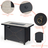 Patio fire pit table featuring a ceramic tiles top, embossed door, and removable lid for outdoor gatherings.