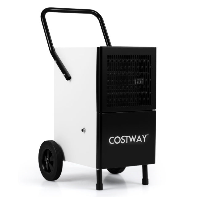 Commercial dehumidifier with heavy-duty metal floor fan, portable design with wheels for easy mobility.