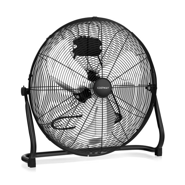 Heavy-duty metal floor fan with a black finish, designed for commercial use and optimal airflow.