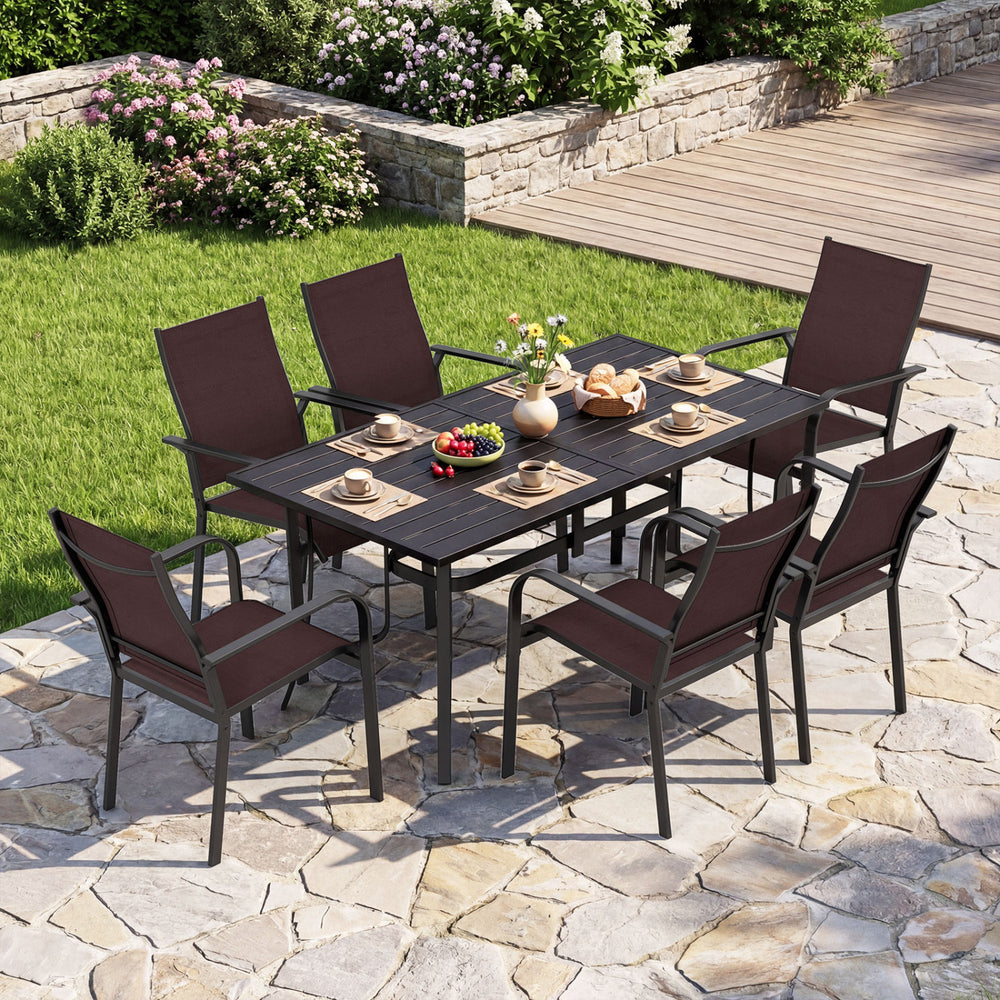 7-Piece Patio Dining Set for 6 with Rectangle Metal Table and Stackable Breathable Mesh Armchairs-Brown - Gallery View 1 of 11