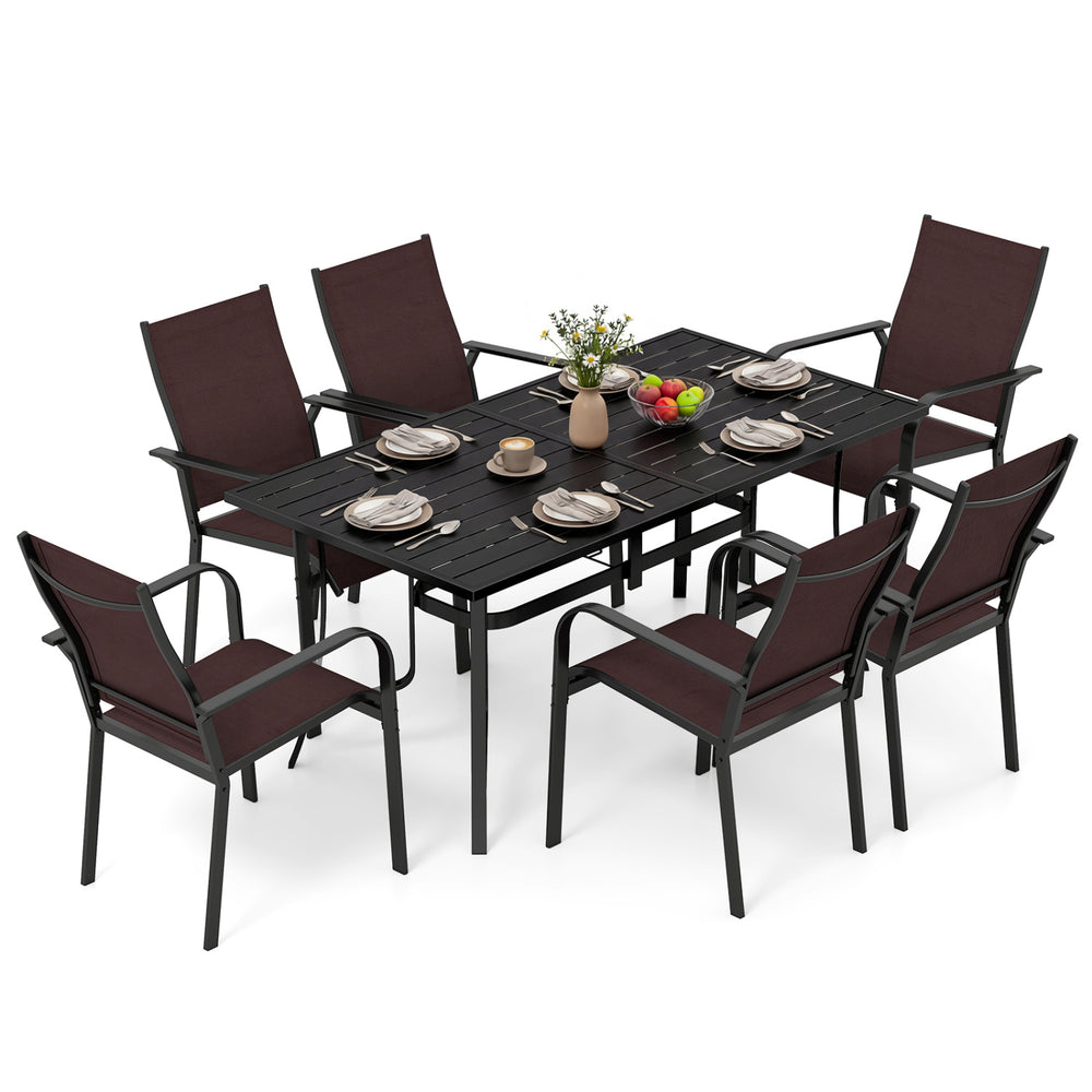 7-Piece Patio Dining Set for 6 with Rectangle Metal Table and Stackable Breathable Mesh Armchairs - Gallery View 3 of 11