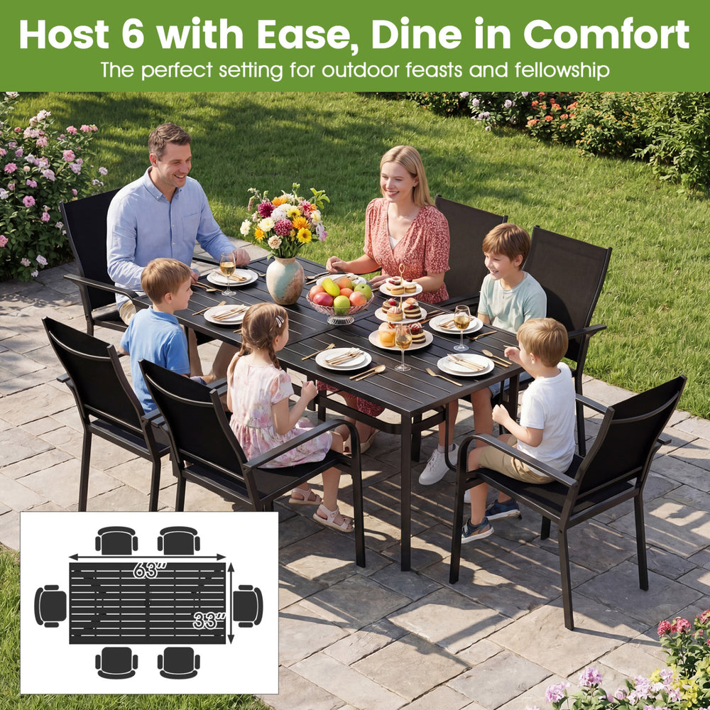 7-Piece Patio Dining Set for 6 with Rectangle Metal Table and Stackable Breathable Mesh Armchairs - Gallery View 5 of 11